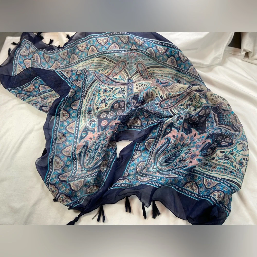 Lola + Kenni New Silk Scarf‎ Blue Paisley and Floral,  38” Square Tassles